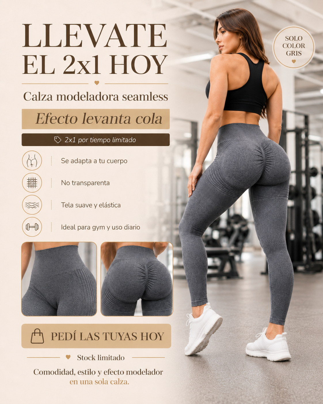 Calza Modeladora Seamless Gris 2x1 – Efecto Levanta Cola